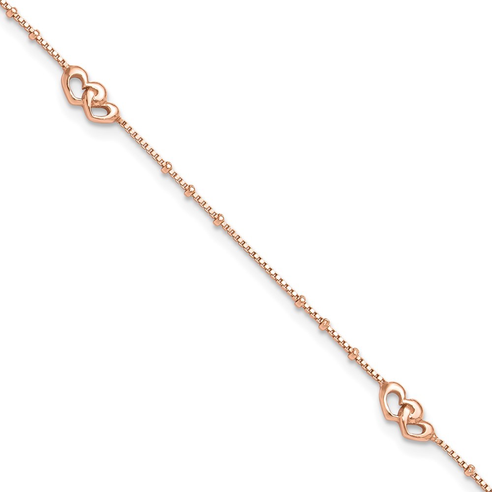 925 Sterling Silver Rose-tone Polished Hearts Charms 9" + 1" Ext Anklet